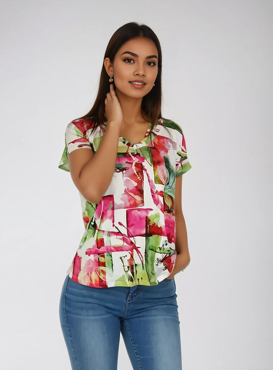 Printed Knit Top -- Pink Floral Design S/S (D28808)