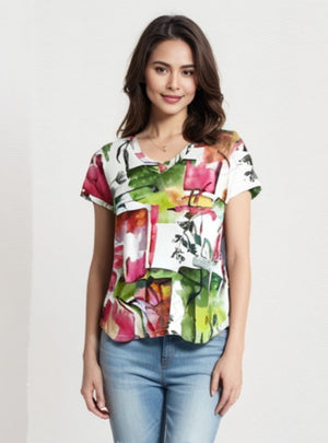 Printed Knit Top -- Pink Floral Design S/S (D28808)