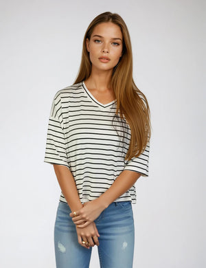 3/4 Sleeve Stripes Printed Knit Top D28836 White