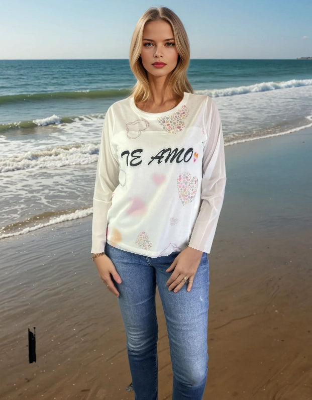 Mesh L/S Knit Print Top w Mesh Printed Overlay D9601TA
