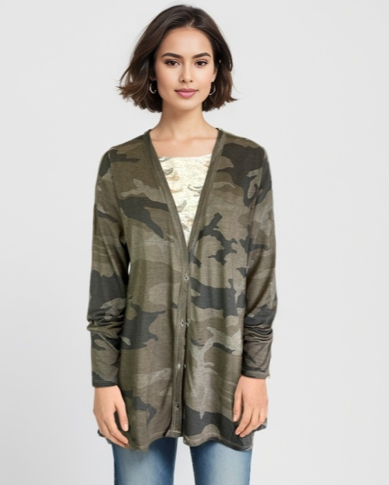 Camo Button Up Boyfriend Cardigan - Falcon Camo (D190361)