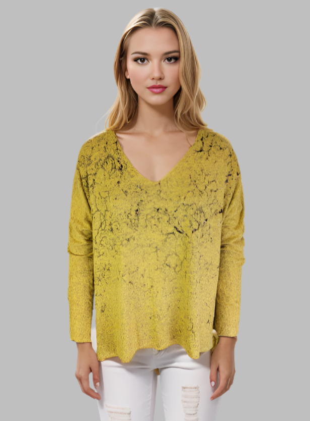 Sweater-like V Neck Foil Print Top - Messing (D1993FS)