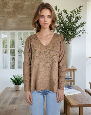 Sweater-like V Neck Foil Print Top - Chocolate (D1993FS)