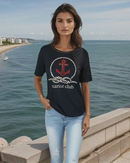 Embroidered Top w Marine Club Logo -- Navy S/S (D28697C)