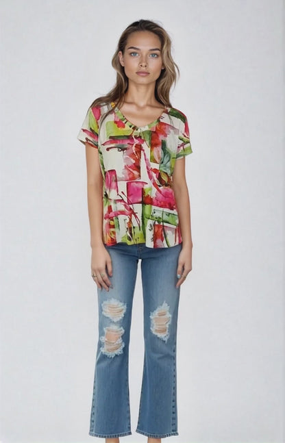 Printed Knit Top -- Pink Floral Design S/S (D28808)