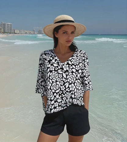 3/4 Sleeve Flower Printed Knit Top D28836