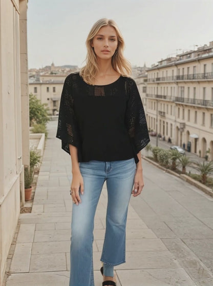 Lace Shoulder Boxy Oversized Blouse - Black (D560R)