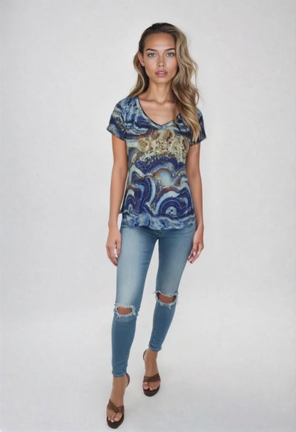 Printed Knit Top -- Blue Marble Design S/S (D28808)