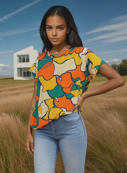 Print Woven Top w Flutter Sleeve Orange Print (D27833R) S/S