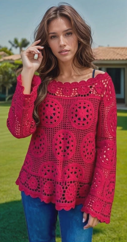 Boatneck Crochet Sweater (D3010) Bourdeaux