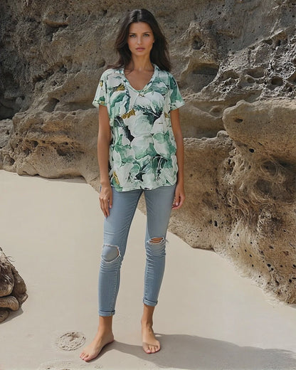 Printed Knit Top -- Blue Green Floral Design S/S (D28808)