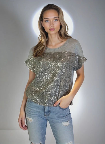 Top with Sequin Fabric Front Overlay S/S D28739 Grey