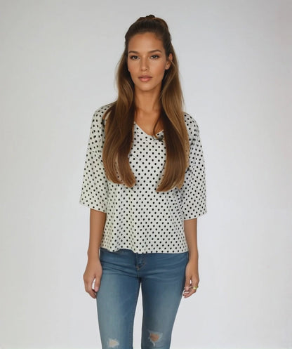 3/4 Sleeve DOT Printed Knit Top D28836 White