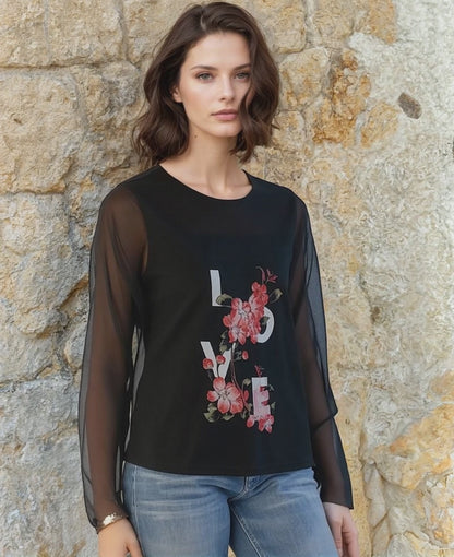 Mesh L/S Knit Print Top w Mesh Printed Overlay D9601L