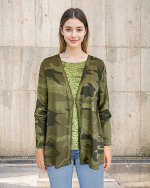 Camo Button Up Boyfriend Cardigan - Military Olive Camo (D190361)