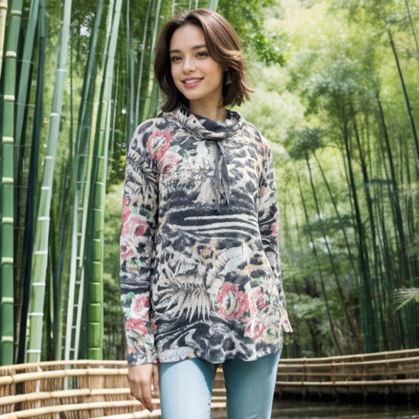 Cowl Neck Drawstring Sweater-like Top - Grey Floral (D24445)