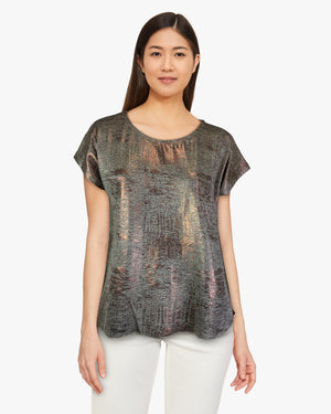Foil Print Step Hem Top - Coffee Copper S/S (D1556)