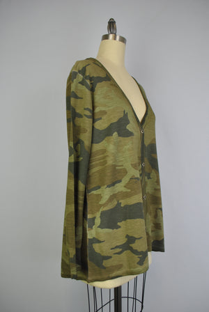 Camo Button Up Boyfriend Cardigan - Military Olive Camo (D190361)