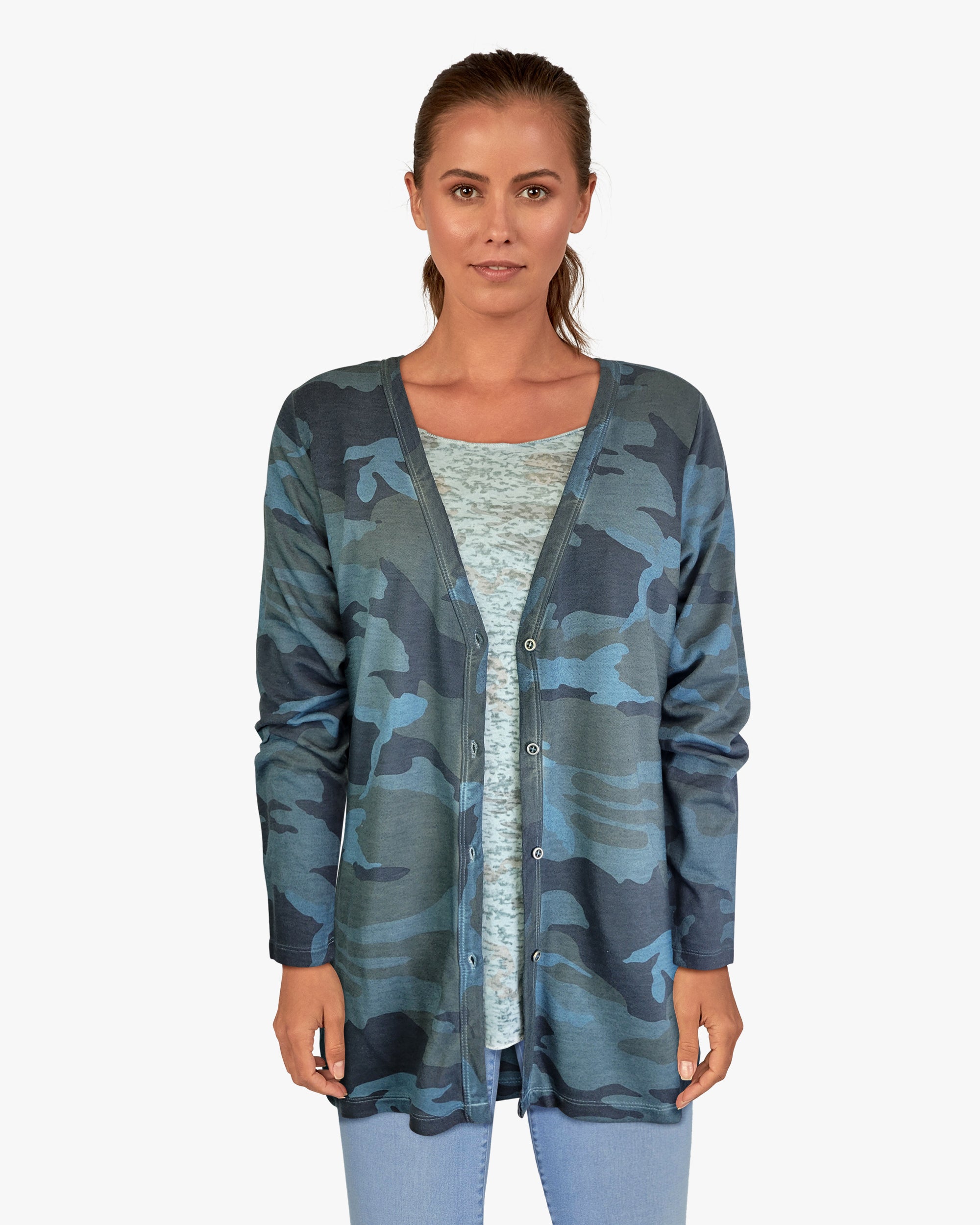 Camo Button Up Boyfriend Cardigan - Tapestry Camo (D190361)