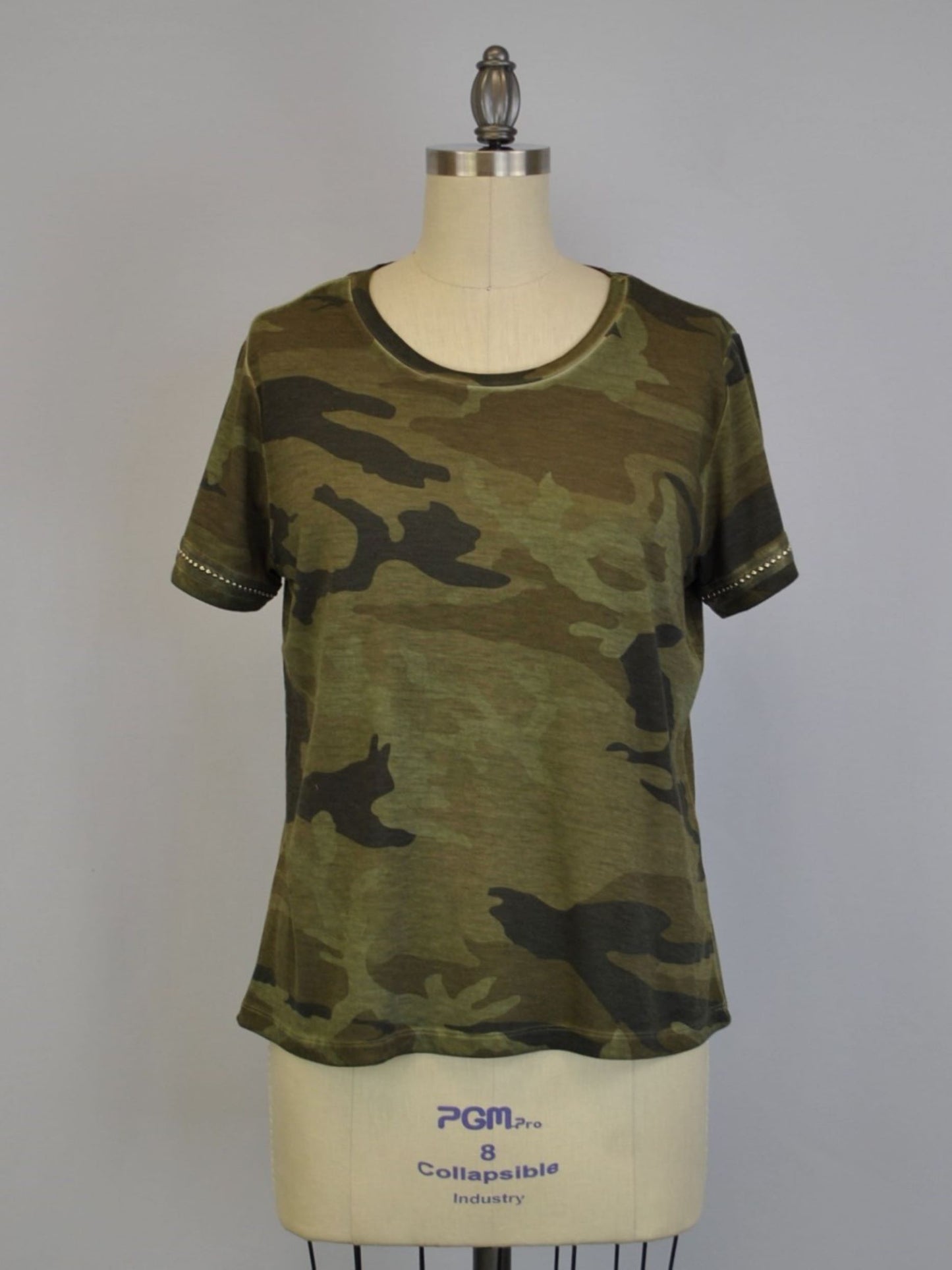 Embellished Sleeve Oil Dye Military Olive Camo Top S/S (D190413)