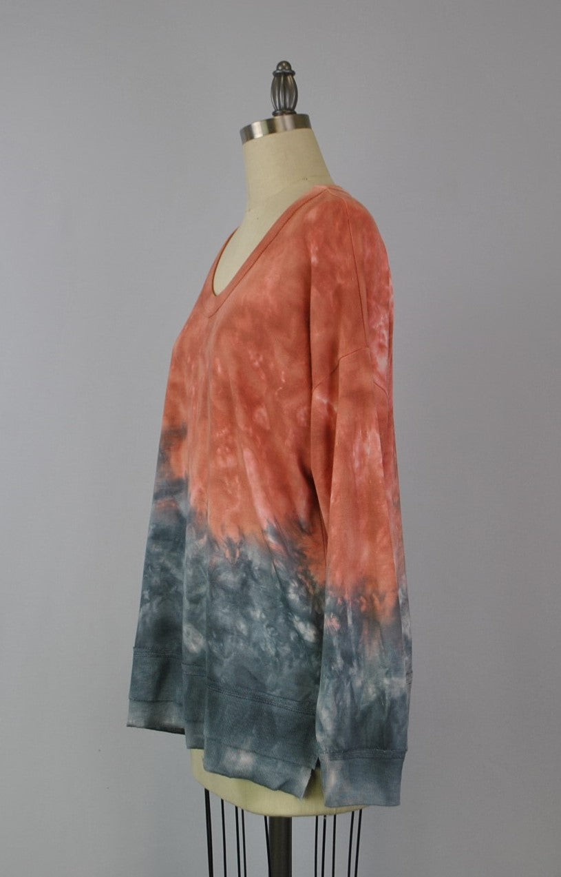 V-Neck Tie Dye Sweatshirt - Desert Sand Misty Fog (D190610R)