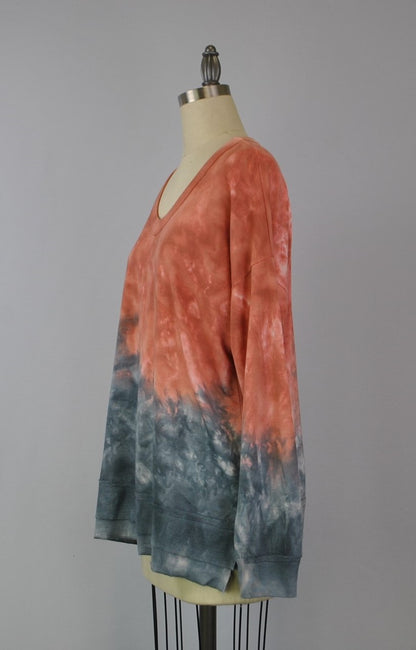 V-Neck Tie Dye Sweatshirt - Desert Sand Misty Fog (D190610R)