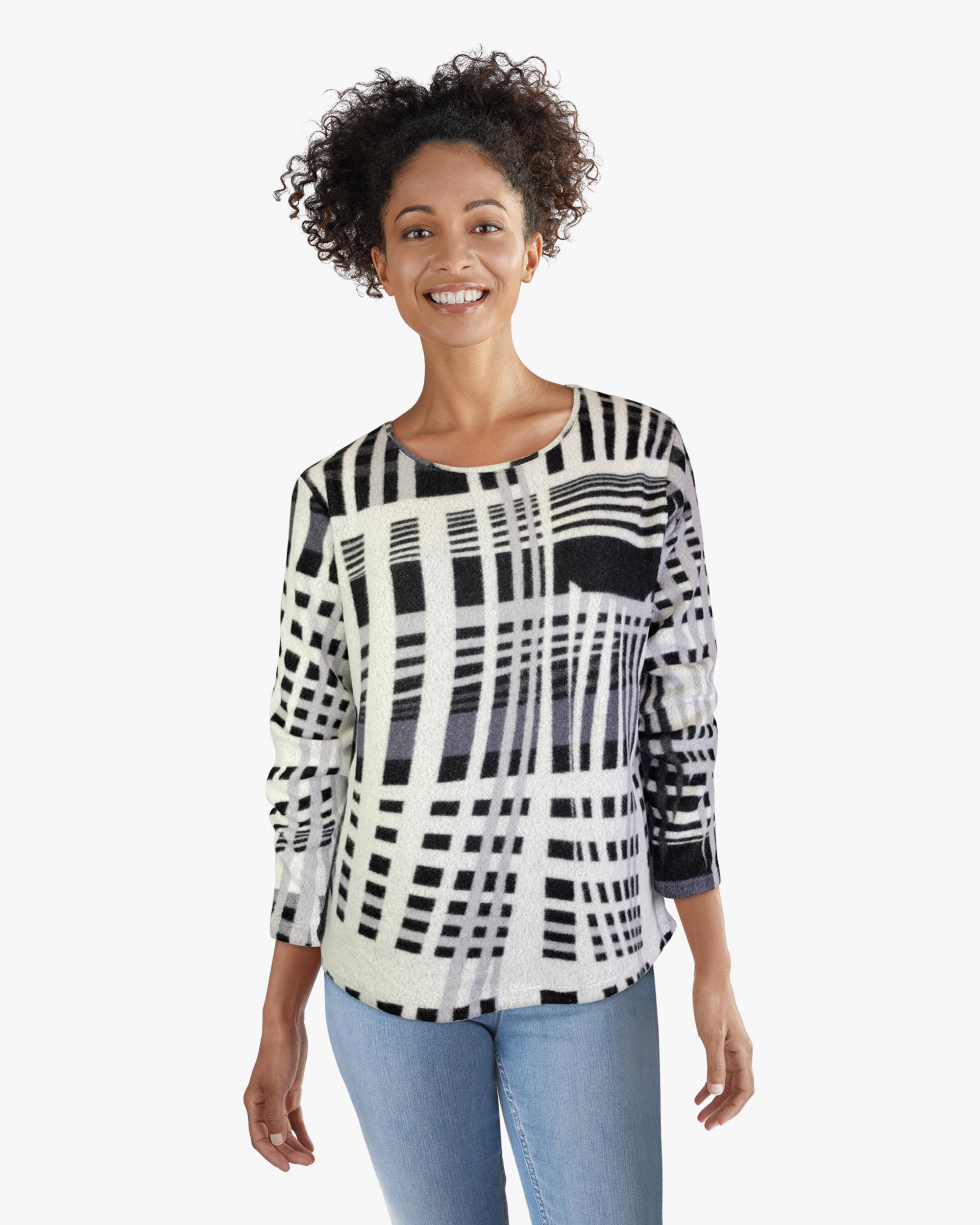 Scoop Neck Sweater-like Top - Black and White (D190638)