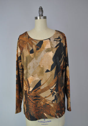 Scoop Neck Sweater-like Top - Brown Abstract (D190638)