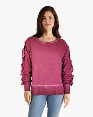 Ruffle Sleeve Oil Dye Top w/ Rib Trim - Beaujolais