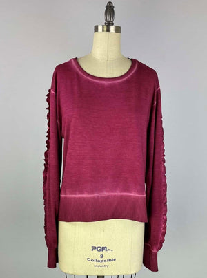 Ruffle Sleeve Oil Dye Top w/ Rib Trim - Beaujolais