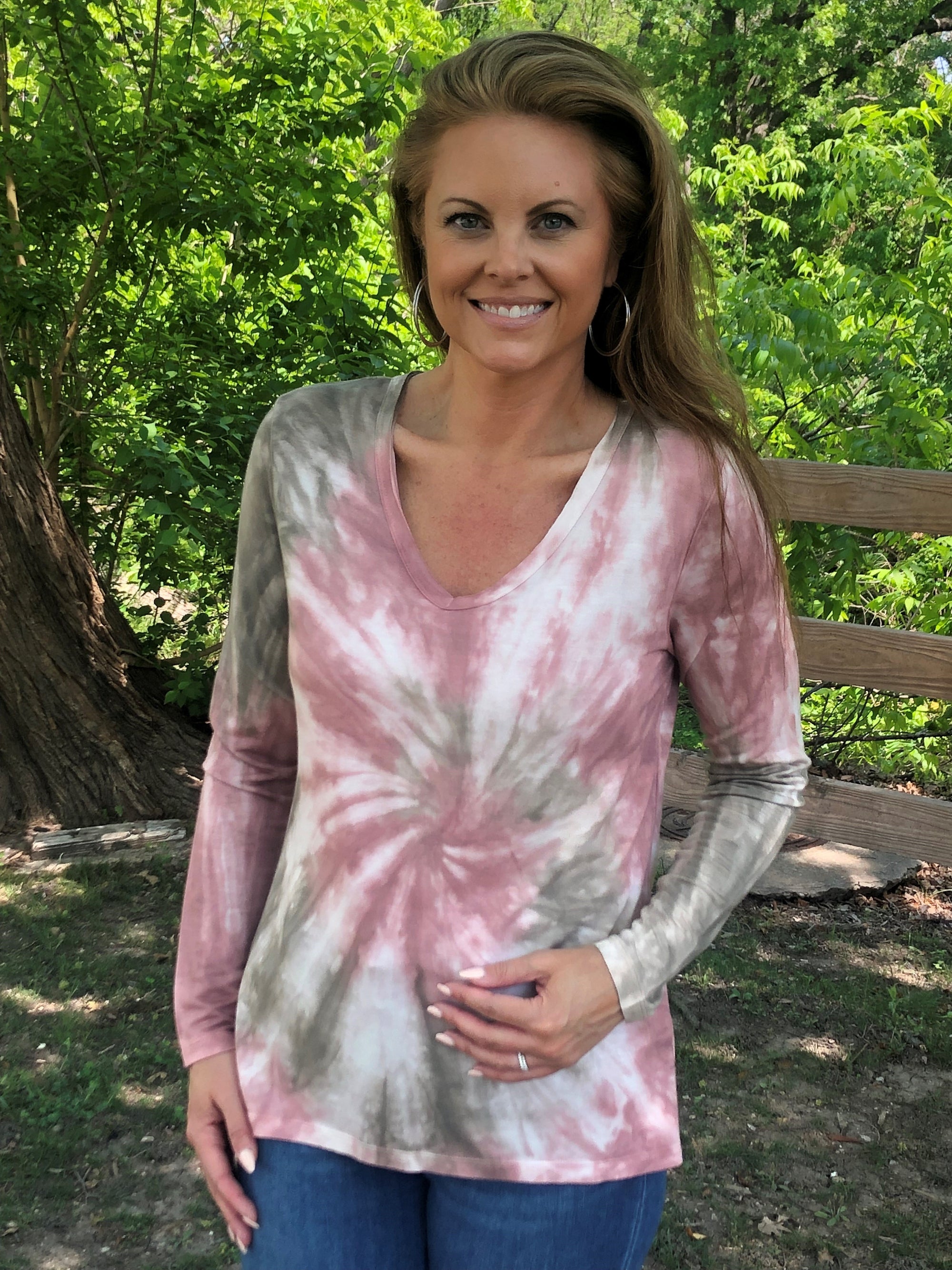 Roll Sleeve Swirl Tie Dye Top - Cashmere Rose Falcon (D190701)