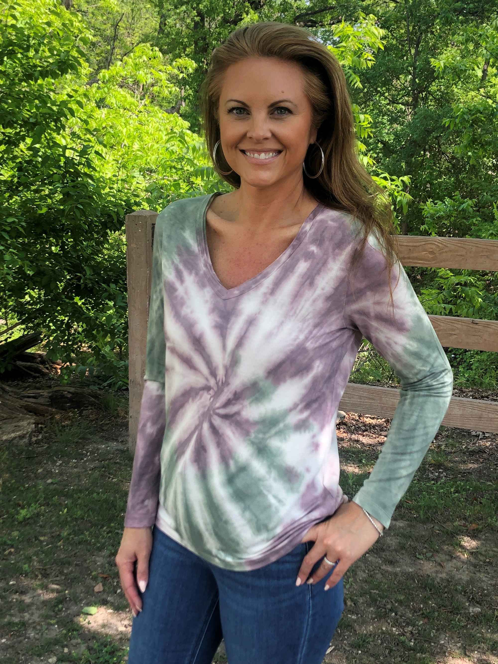 Roll Sleeve Swirl Tie Dye Top - Cendre Rosin (D190701)