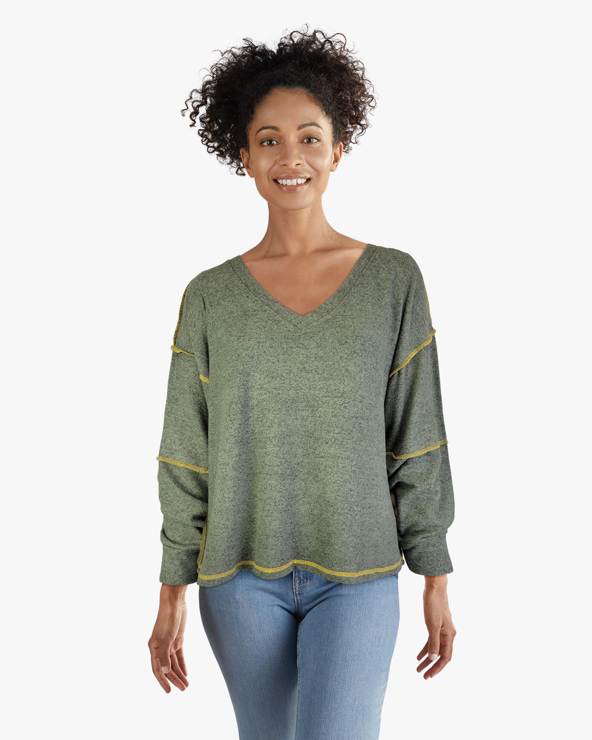 Sweater-like V Neck Top - Khaki green (D190713)
