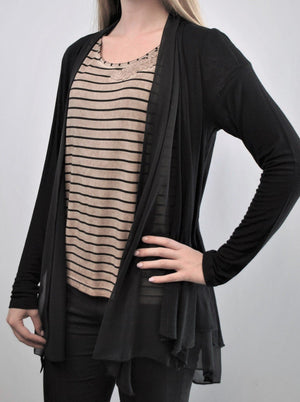 Chiffon Detail Open Front Knit Cardigan