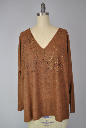 Sweater-like V Neck Foil Print Top - Chocolate (D1993FS)