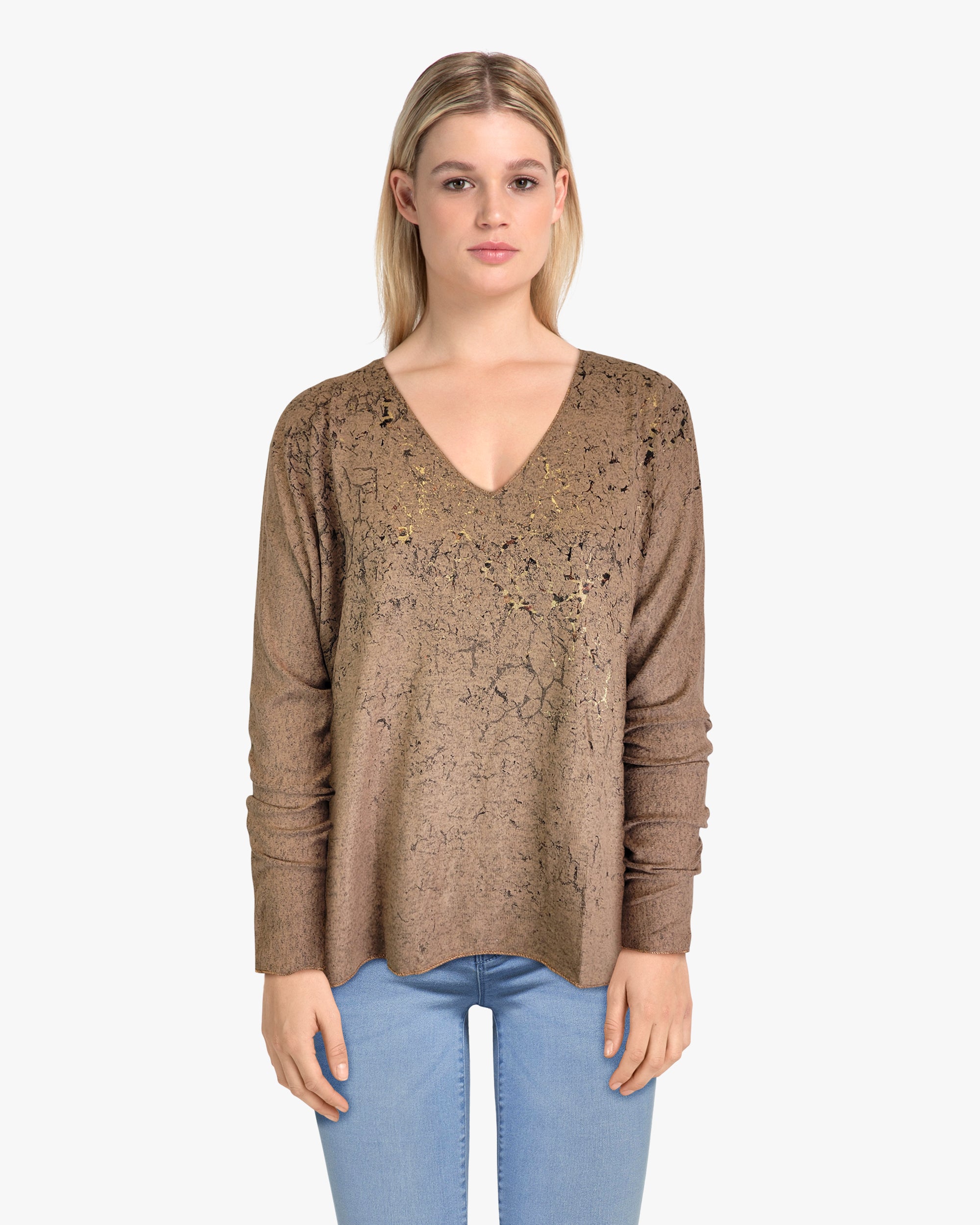 Sweater-like V Neck Foil Print Top - Chocolate (D1993FS)