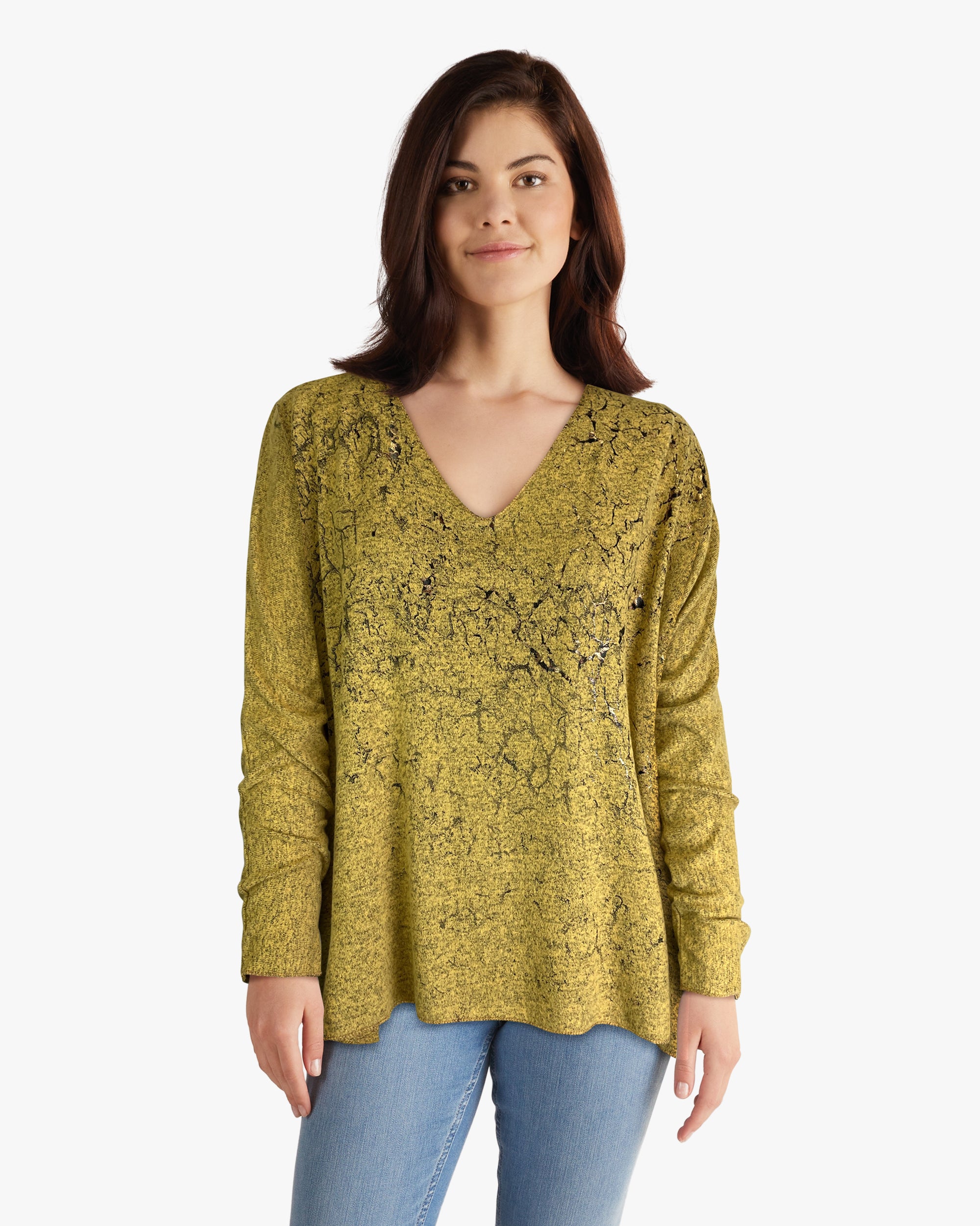 Sweater-like V Neck Foil Print Top - Messing (D1993FS)