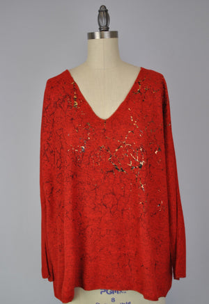 Sweater-like V Neck Foil Print Top - Red (D1993FS)