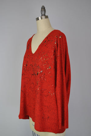 Sweater-like V Neck Foil Print Top - Red (D1993FS)