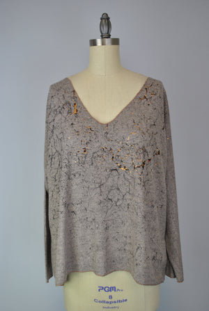 Sweater-like V Neck Foil Print Top - Sand (D1993FS)