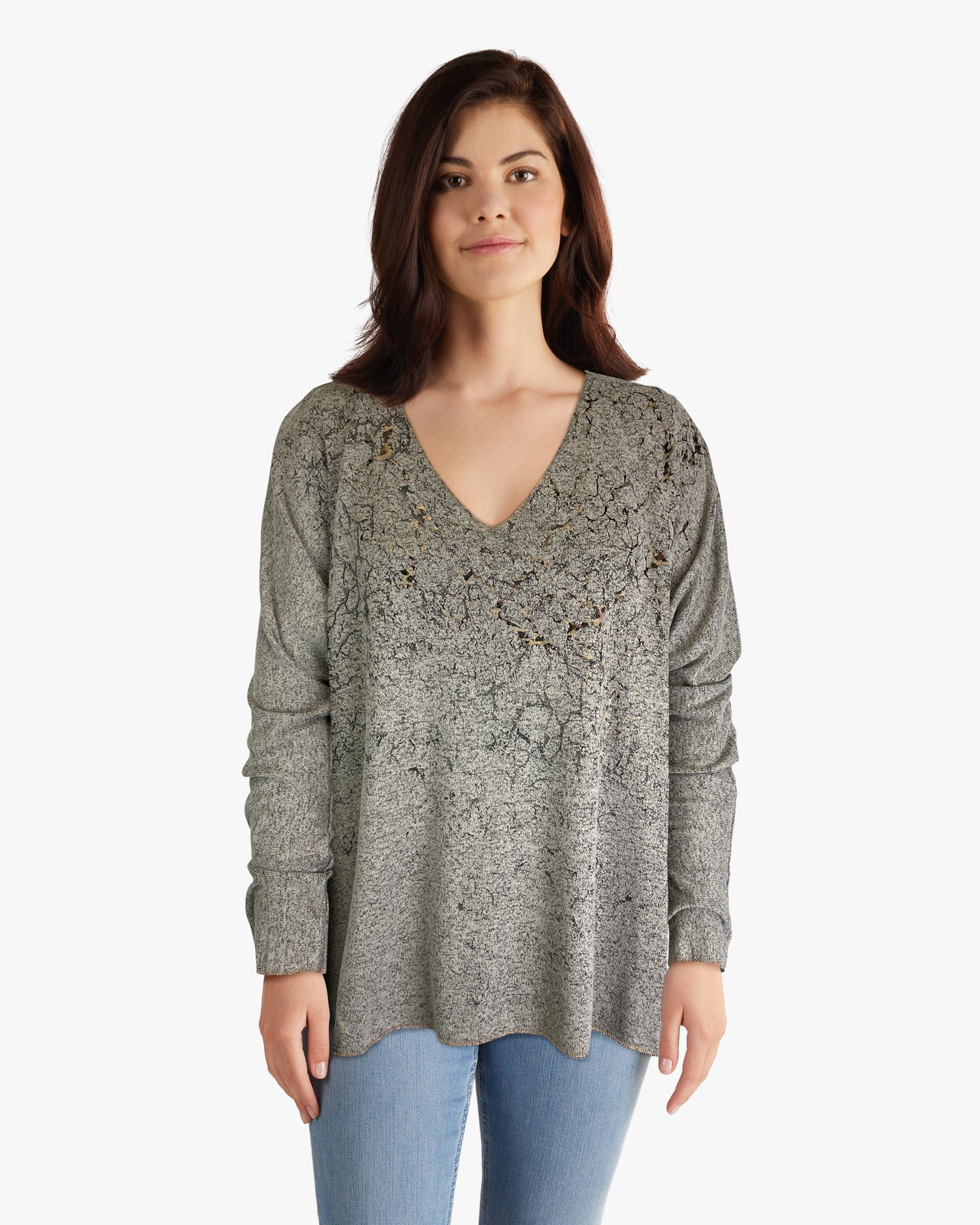 Sweater-like V Neck Foil Print Top - Sand (D1993FS)