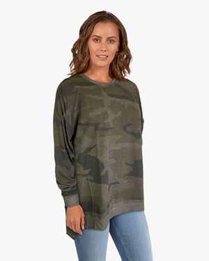 Camo Print Oil Dye Side Vent Pullover Top