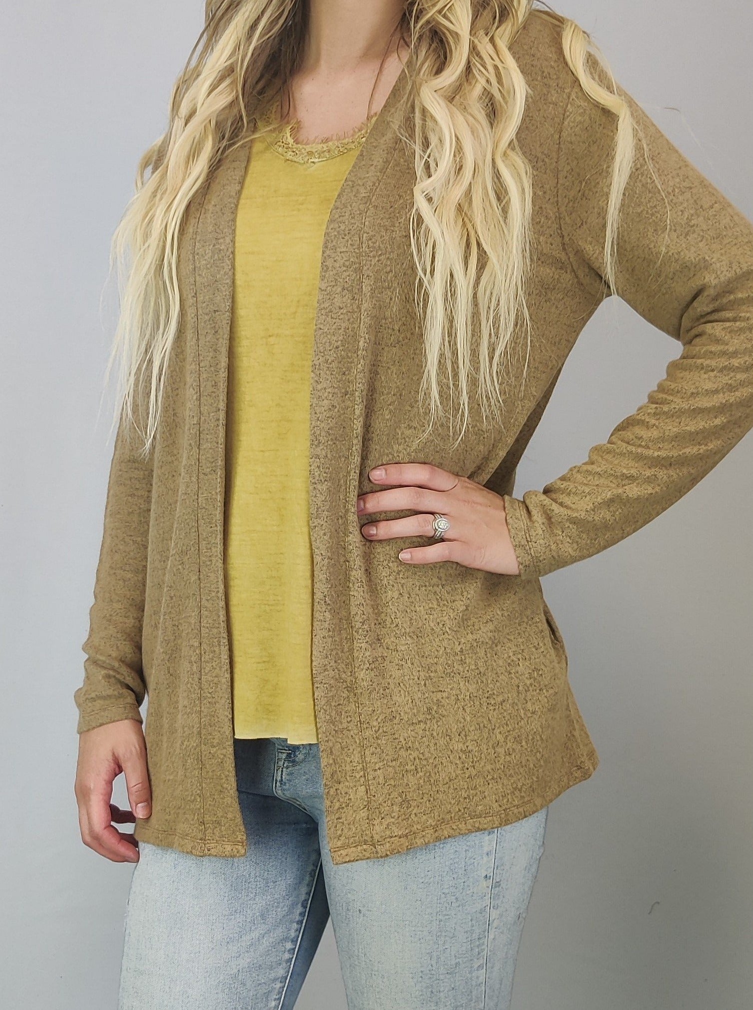 Mustard open front cardigan online