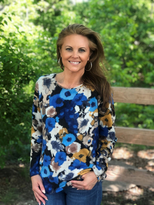Scoop Neck Sweater-like Top - Royal Flora
