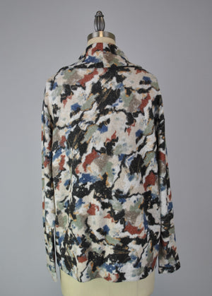 Cowl Neck Drawstring Sweater-like Top - Black Blue Floral (D24445)