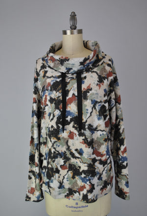 Cowl Neck Drawstring Sweater-like Top - Black Blue Floral (D24445)