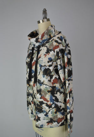 Cowl Neck Drawstring Sweater-like Top - Black Blue Floral (D24445)