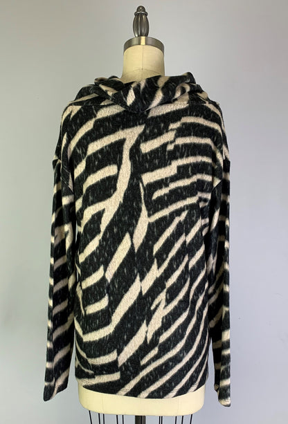 Cowl Neck Drawstring Sweater-like Yummy Top - Black & Sand (D24445)