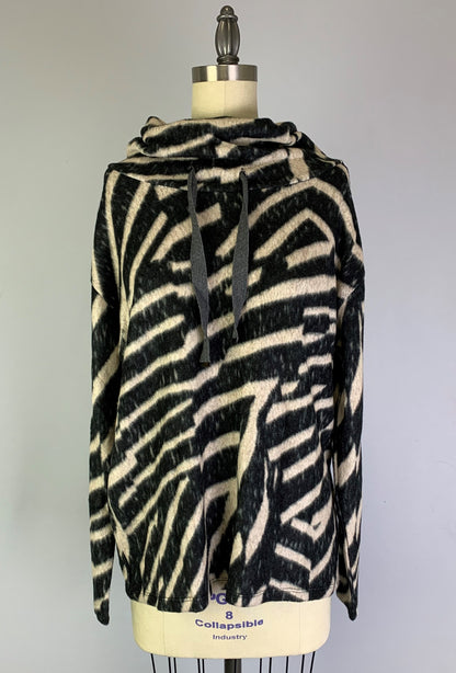 Cowl Neck Drawstring Sweater-like Yummy Top - Black & Sand (D24445)