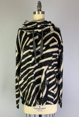 Cowl Neck Drawstring Sweater-like Yummy Top - Black & Sand (D24445)